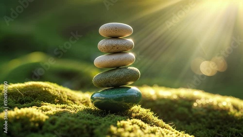 Balanced zen stones on moss in golden sunlight with copy space