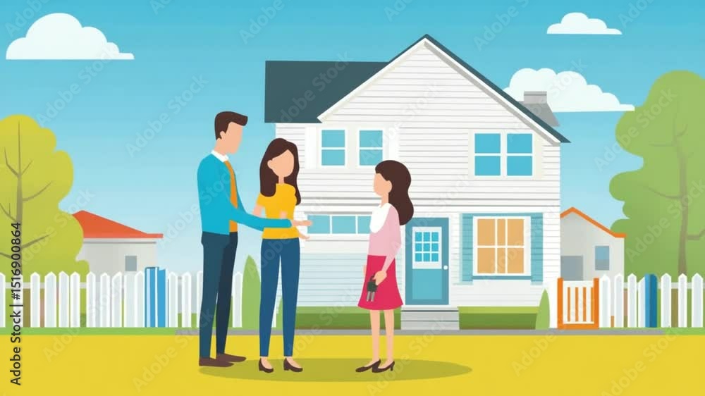 Delighted family receiving keys to their new cartoon home, symbolizing a fresh start Delighted family receiving keys to their new cartoon home, symbolizing a fresh start