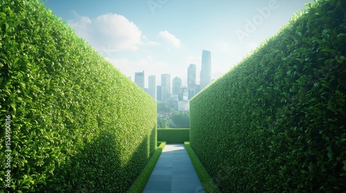 Lush green hedges form a maze path leading to a city skyline