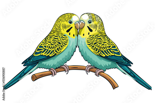 Two Budgies Perched Together, stylized art illustration of two budgies perched close together on a branch, Budgerigar, common parakeet, shell parakeet or budgie (Melopsittacus undulatus)