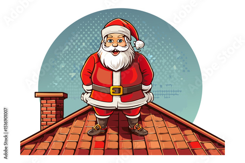 Cartoon character illustration of Santa Claus on roof with boxed gifts lying around, Santa Claus on the roof