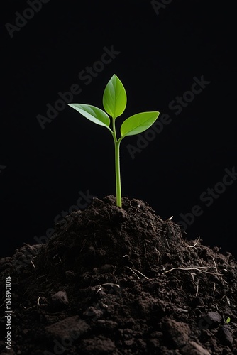 A small green plant emerging from a mound of dark soil, symbolizing growth and resilience in nature