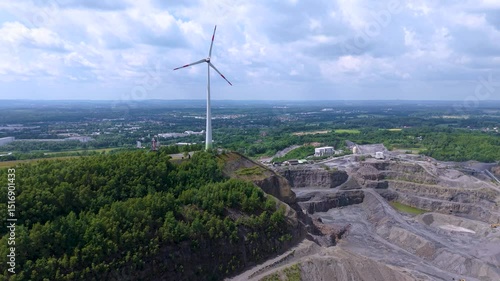 Drone view of a wind turbine in Osnabrueck, Germany (Rundwanderweg Piesberg Nord)