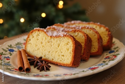 Wallpaper Mural A sliced Christmas cake with marzipan and icing is served on a decorative plate, surrounded by cinnamon sticks and star anise. The background shows a softly lit Christmas tree Torontodigital.ca