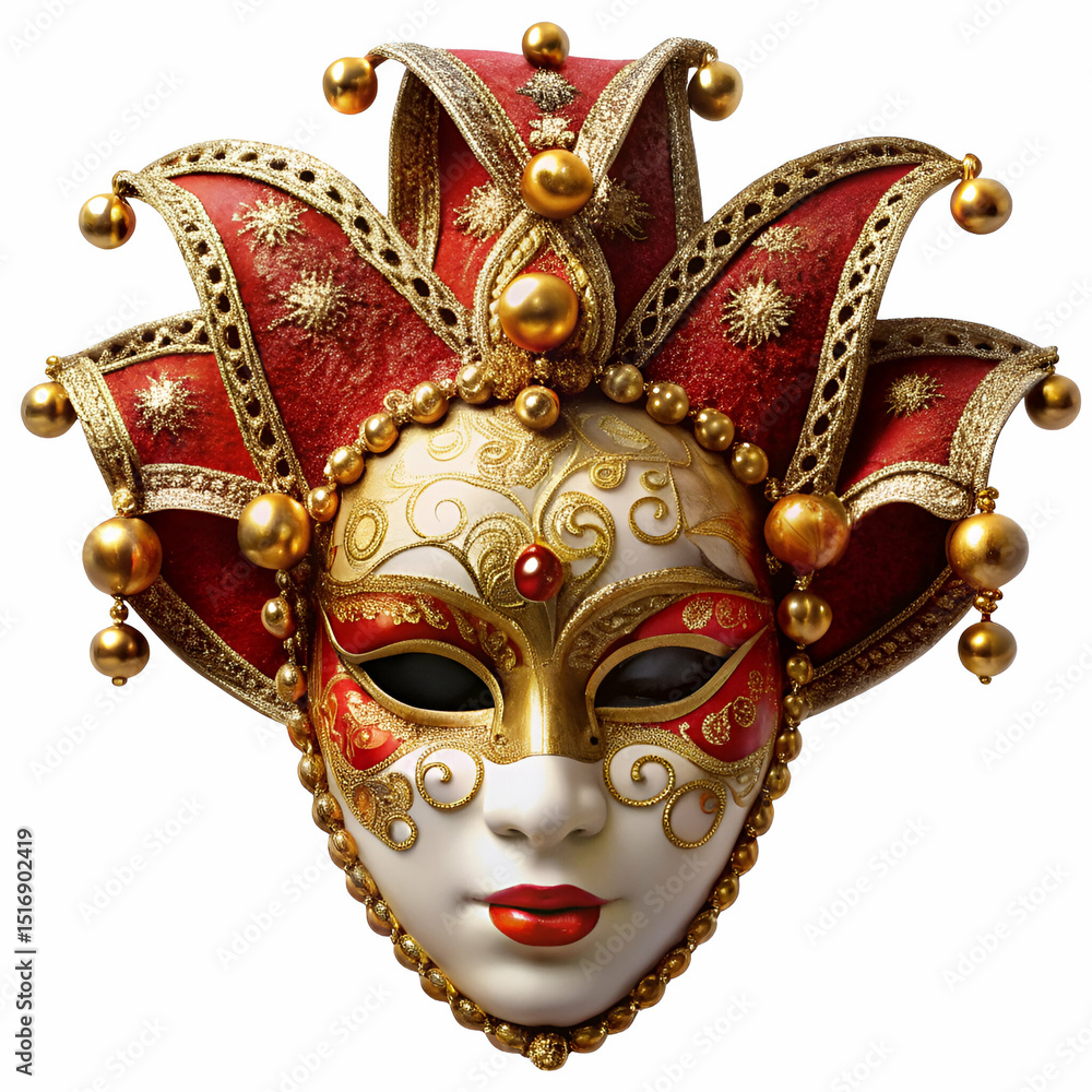 Naklejka premium Ornate venetian mask in red gold and white isolated on a pure white background