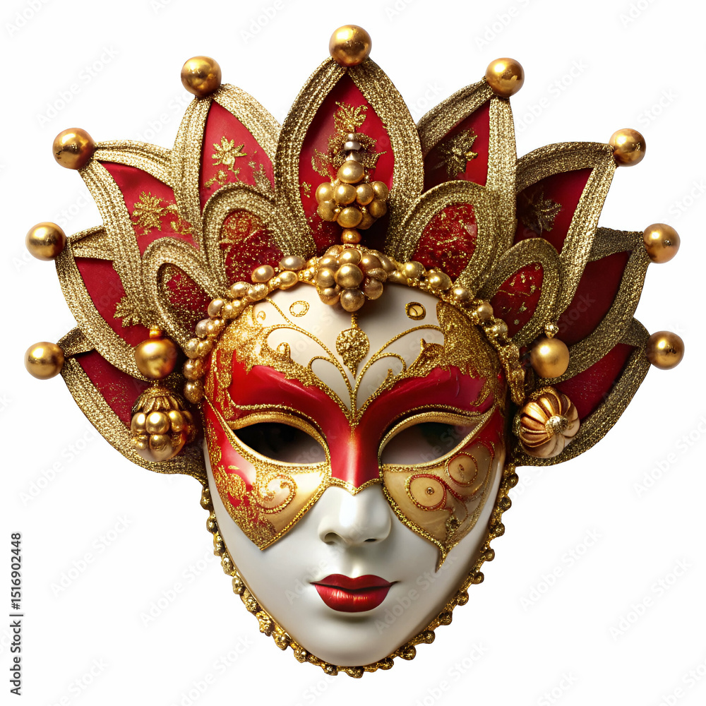 Naklejka premium Beautifully decorated venetian mask featuring red gold and white colors for costume and celebration