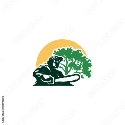 chainsaw silhouette with tree logo illustration