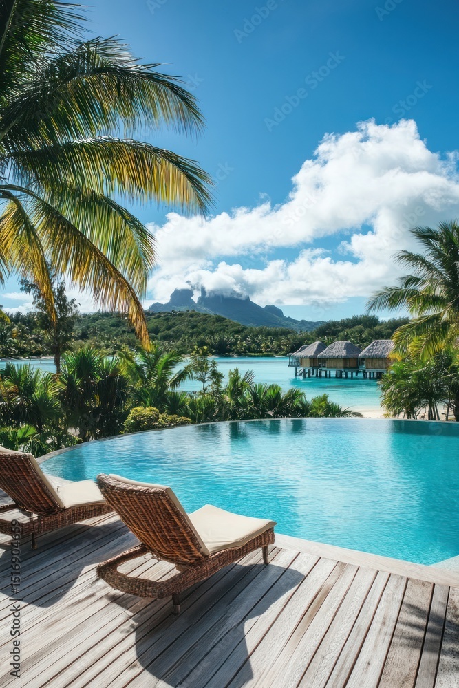 Fototapeta premium Tropical poolside paradise with lush vegetation, serene water, and distant island views