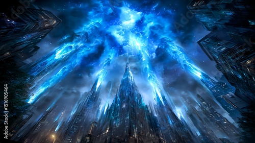 Dynamic blue energy erupts from a structure, filling the scene with an otherworldly glow. The intricate architecture creates a sense of scale and power