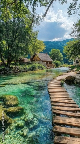 A cozy cottage surrounded by fruit trees, peaceful and dreamy setting