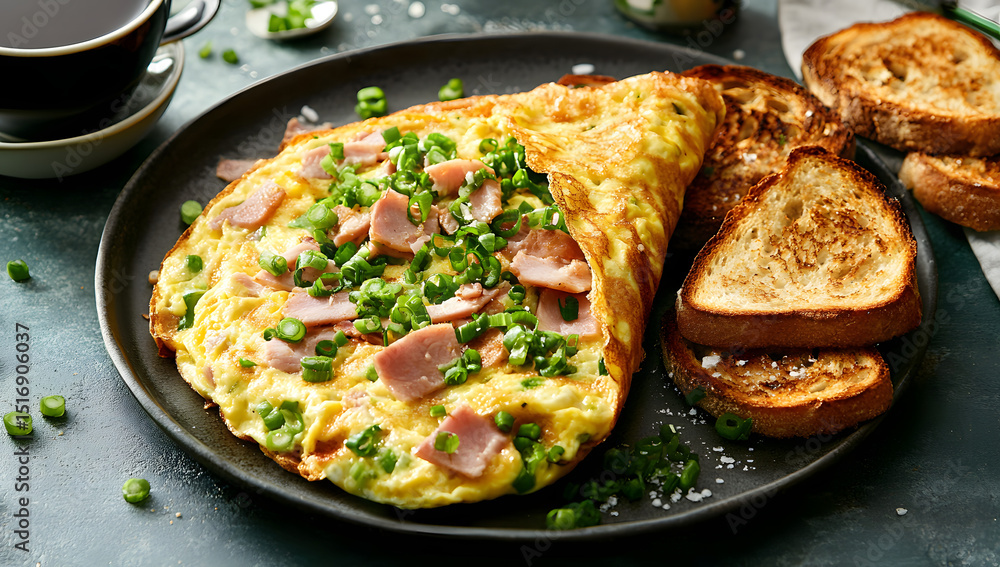 Wholesome morning feast with ham and green onion stuffed omelette, coffee, and toasted bread Wholesome morning feast with ham and green onion stuffed omelette, coffee, and toasted bread