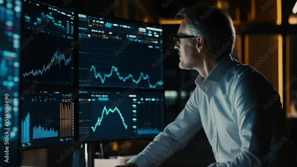 Focused Stock Market Analyst Monitoring Financial Data on Multiple Computer Screens Focused Stock Market Analyst Monitoring Financial Data on Multiple Computer Screens