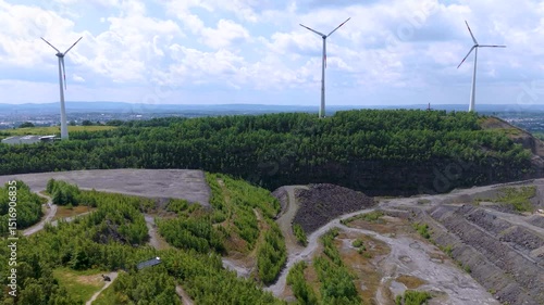 Drone view of a wind turbine in Osnabrueck, Germany (Rundwanderweg Piesberg Nord)