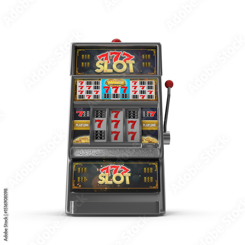 Classic Casino Slot Machine with Lever Isolated on Transparent Background