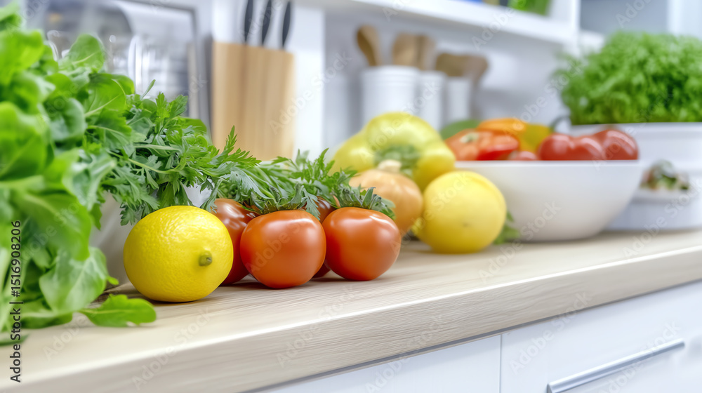 A vibrant display of fresh vegetables and fruits on a kitchen countertop, promoting healthy eating and culinary creativity. A vibrant display of fresh vegetables and fruits on a kitchen countertop, promoting healthy eating and culinary creativity.