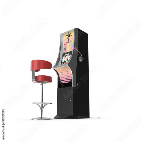 Modern Slot Machine with Red Bar Stool Isolated on Transparent Background