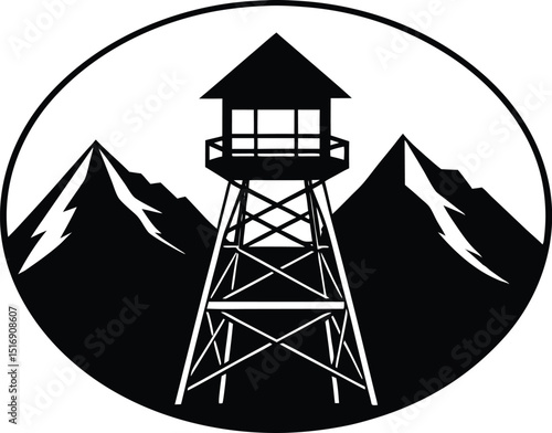 Fire Lookout Tower on Peak Silhouette, Watchtower on Remote Mountain Summit