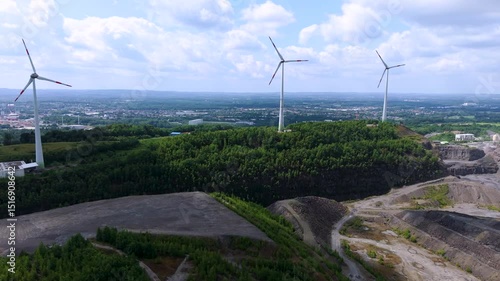 Drone view of a wind turbine in Osnabrueck, Germany (Rundwanderweg Piesberg Nord)