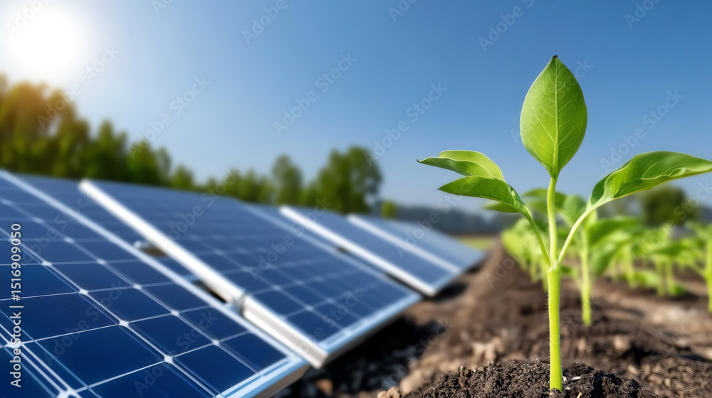 Fototapeta premium A young plant growing next to solar panels in a bright, sunny landscape, symbolizing sustainability and renewable energy.
