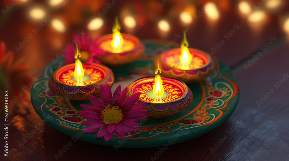 Traditional oil lamps illuminate festive celebration with warm golden flames and decorative patterns Traditional oil lamps illuminate festive celebration with warm golden flames and decorative patterns
