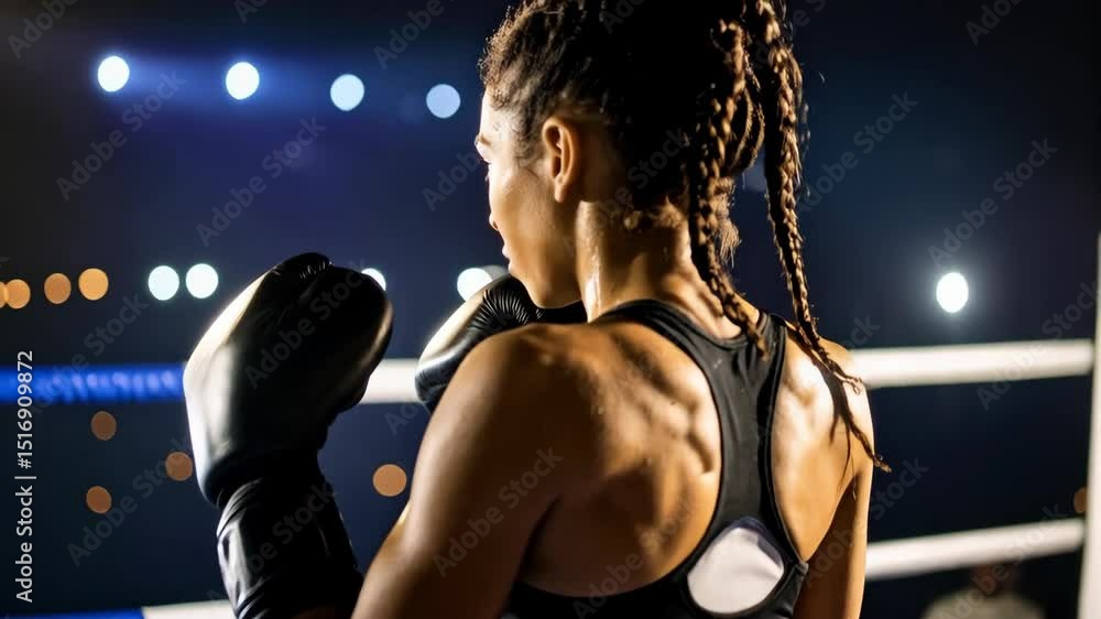 Determined female athlete in boxing ring with muscular physique wearing gloves, ready for the boxing match, lights shine on the background. Determined female athlete in boxing ring with muscular physique wearing gloves, ready for the boxing match, lights shine on the background.