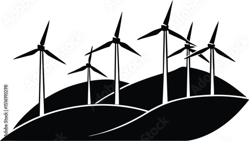 Wind Turbines on Hills Silhouette, Clean Energy Windmills on Rolling Hills