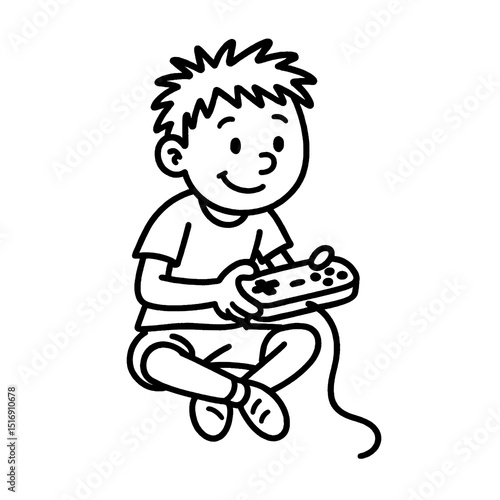 Vector Illustration of a Happy Boy Playing Video Game with Controller