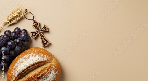 Holy Communion Symbols - Bread, Grapes, Wheat, and Wooden Cross