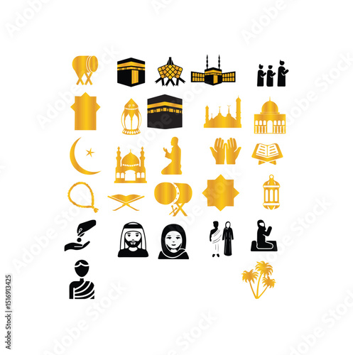 Islamic icon set, Hajj and Umrah symbols, Ramadan And Eid Icons, Muslim lifestyle and worship icons, middle eastern cultural elements,