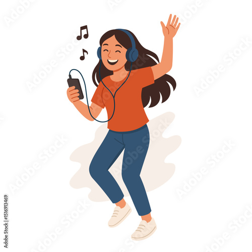 young woman listening to music. Pretty woman dancing and wearing headphone and enjoying music flat vector illustration