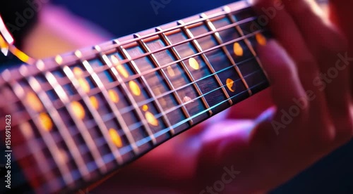 Rock guitar musician picks electric guitar strings, sparking a gritty rock riff with relentless precision