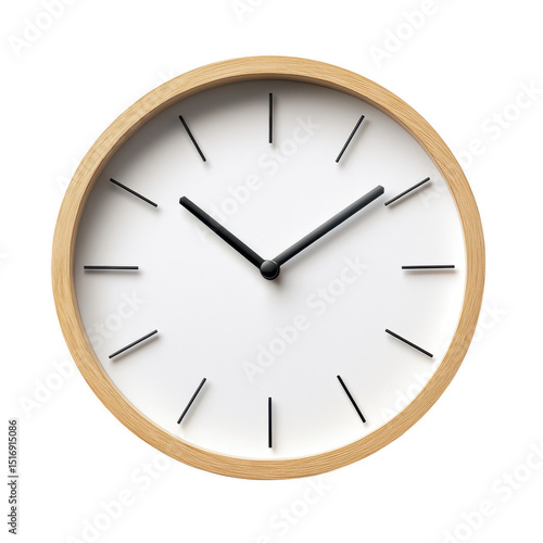 Simple wooden frame wall clock isolated on transparent background