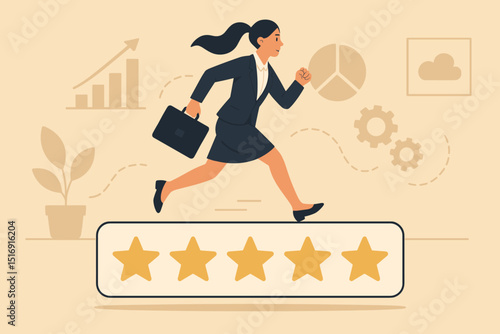 Businesswoman running on five star rating panel. Career growth, excellent performance, and success concept. Positive review, customer satisfaction, ambition, and top rating achievement.
