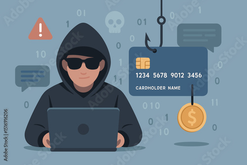 Cybersecurity threat concept. Hacker phishing for credit card data. Online internet fraud, cybercrime, data theft, financial scam, information security vector illustration design.