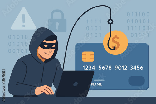 Cybersecurity threat concept. Hacker phishing for credit card data. Online fraud illustration. Computer crime, internet scam, financial information theft. Data breach, password stealing.