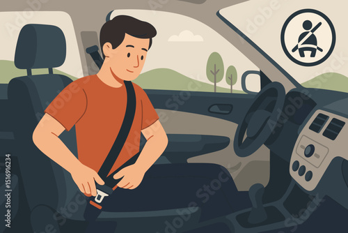Man fastening seat belt in car for safety. Driver buckling up before driving. Road safety concept with vehicle interior and seatbelt icon. Secure journey and accident prevention.