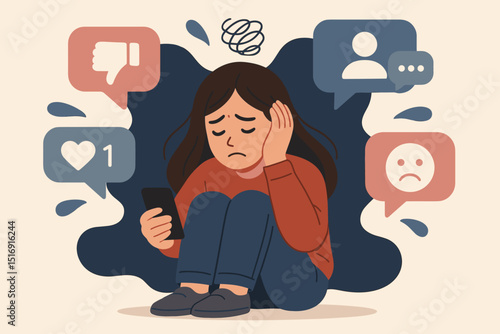 Social media stress depression concept. Sad unhappy girl looking at phone. Cyberbullying, anxiety, negative online impact. Mental health problem. Dislike, sad emoji. Vector illustration