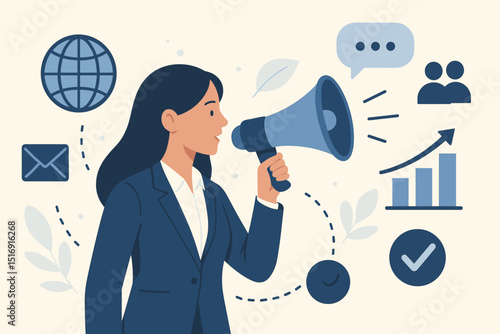 Businesswoman with megaphone announcing marketing strategy. Global communication, promotion, and business growth concept. Speaker for advertising, PR, and social media outreach. Vector illustration.