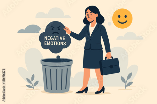 Businesswoman actively discarding negative emotions in trash. Metaphor for stress management, emotional wellbeing, mental health. Cultivating positive thinking, mindset reset, letting go. Vector.