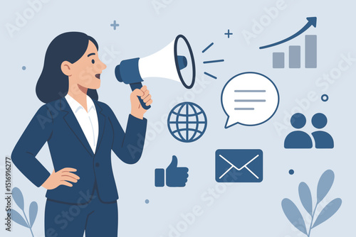 Businesswoman with megaphone announcing marketing strategy. Promotion, communication, advertising campaign concept. Digital marketing, social media, SEO, email, and growth chart icons.