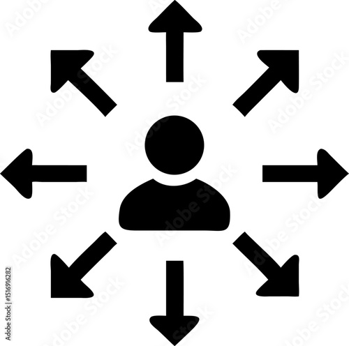Influence and Network Reach Vector Icon. Displays a person with arrows pointing outward. Editable line vector illustration.