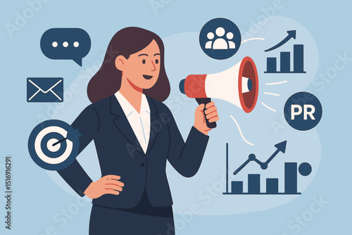 Businesswoman with megaphone. PR public relations marketing announcement concept. Female entrepreneur shouting. Business promotion, advertising, communication. Target audience growth. Flat vector.