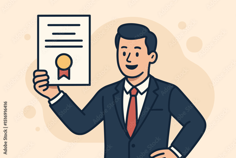 Professional man proudly displays certificate. Businessman holding diploma. Achievement, success, award, qualification, graduation. Vector illustration of employee recognition. Professional man proudly displays certificate. Businessman holding diploma. Achievement, success, award, qualification, graduation. Vector illustration of employee recognition.