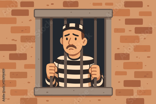 Cartoon prisoner behind bars, sad man in striped uniform in jail cell. Crime, punishment, justice, law, confinement concept. Inmate, criminal, captive, detained, incarcerated. Vector art.