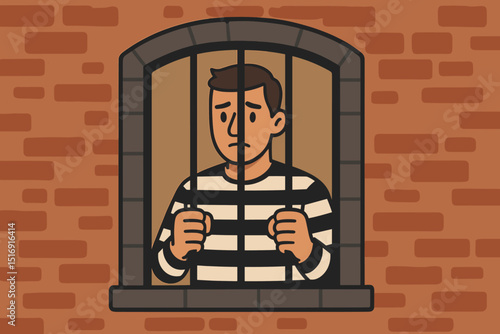 Sad cartoon prisoner man in striped uniform behind jail bars. Incarcerated criminal character in prison cell window. Concept of crime, justice, punishment, guilt, confinement. Vector illustration.