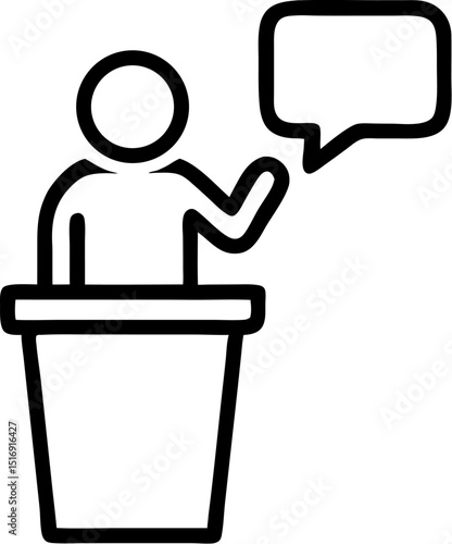 Public Speaking and Presentation Vector Icon. Features a person at a podium with a speech bubble. Editable line vector illustration.