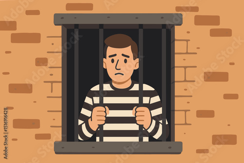 Prisoner behind bars. Man in striped uniform. Sad cartoon inmate in jail cell. Concept crime, punishment, justice, law. Despair, captivity, legal system. Vector illustration.
