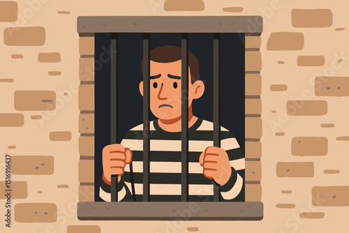 Sad cartoon prisoner in striped uniform gripping jail bars. Man incarcerated in brick prison cell. Concept of crime, punishment, justice, captivity, guilt, and confinement. Vector illustration.