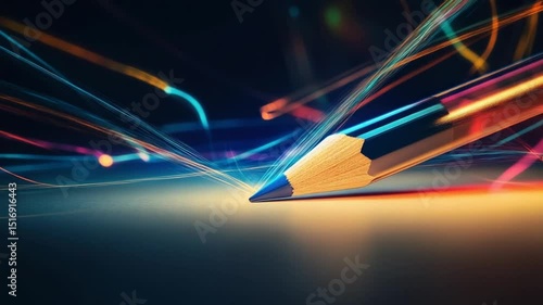 Creative pencil generates vibrant energy trails across a sleek dark surface