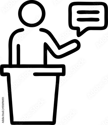 Speech and Communication Vector Icon. Shows a person at a podium with a speech bubble. Editable line vector illustration.